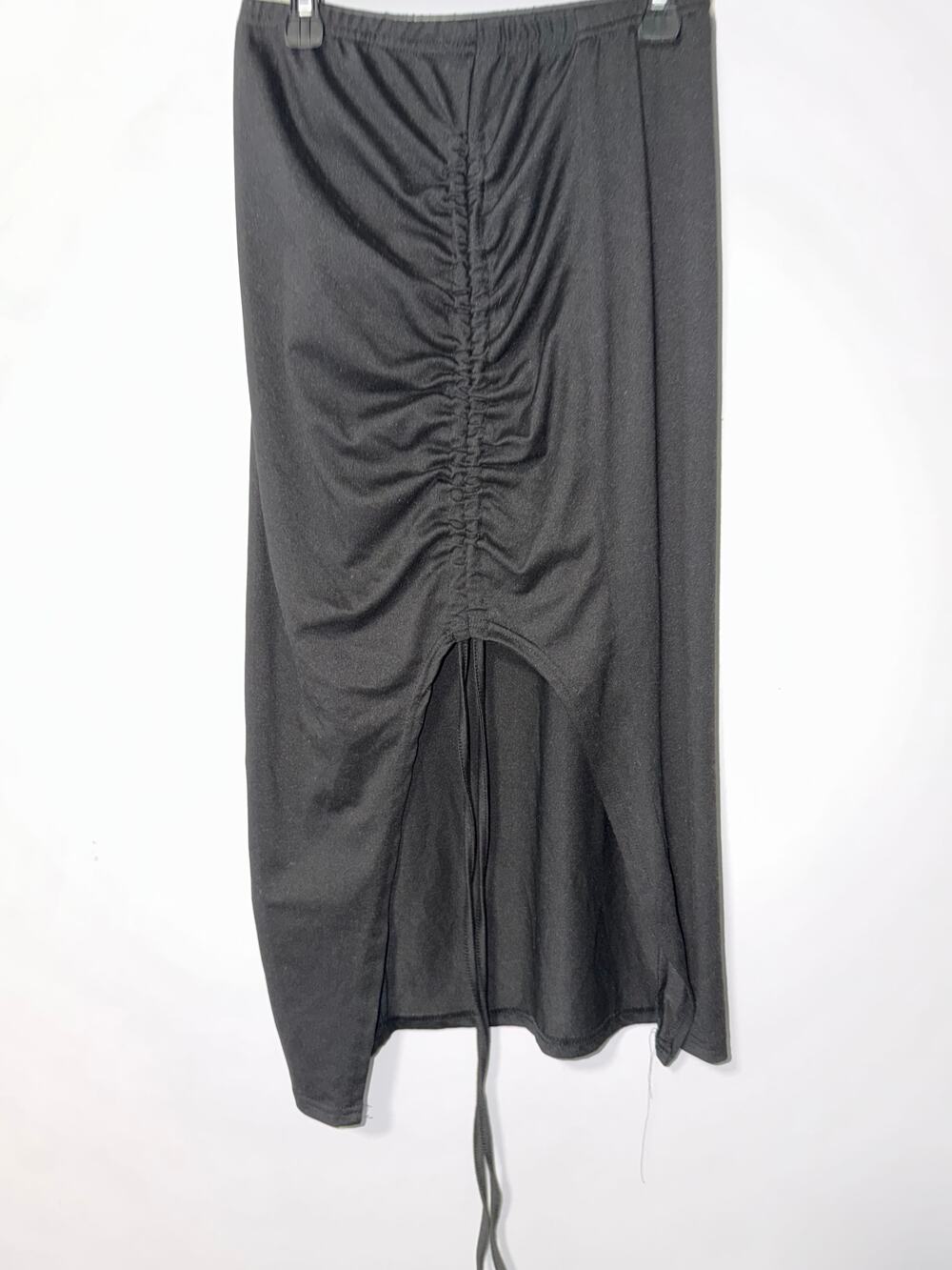 Black Midi Skirt Ruched Front Drawstring Detail Center Slit